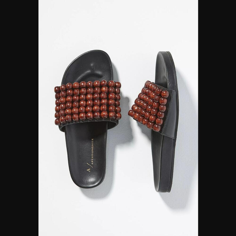 NWT Anthropologie Beaded Brown Slide Sandals - Size 8 - Picture 2 of 6